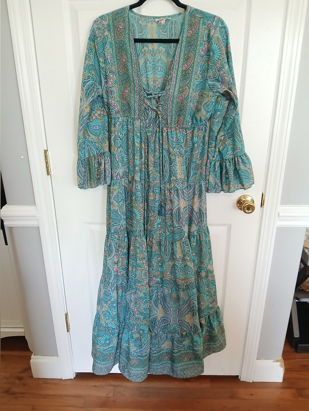 Boemo Boho Teal Paisley Maxi Dress Resortwear  Fairy Whimsical Coquette Ruffles